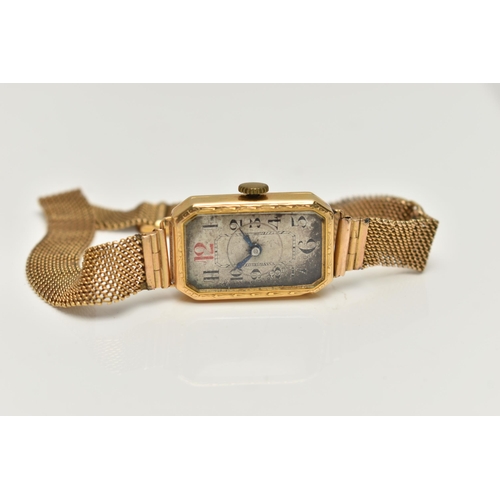 45 - AN EARLY 20TH CENTURY LADYS GOLD WRISTWATCH, manual wind requires attention, rectangular discoloured... 