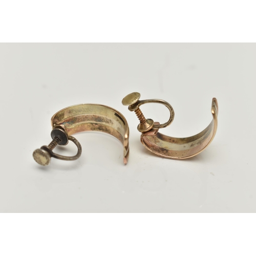 48 - A PAIR OF HALF HOOP EARRINGS, bi-colour hoops, one hallmarked 9ct Birmingham, the other unmarked, fi... 