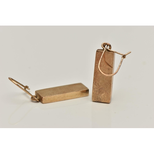 53 - A PAIR OF 9CT GOLD INGOT DROP EARRINGS, each of a rectangular form, hallmarked 9ct London 1977, fitt... 