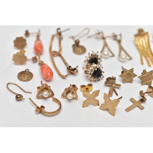 59 - A BAG OF YELLOW METAL EARRINGS, to include thirteen pairs in total, studs and drop earrings, some st... 