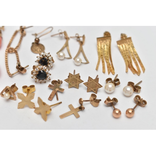 59 - A BAG OF YELLOW METAL EARRINGS, to include thirteen pairs in total, studs and drop earrings, some st... 