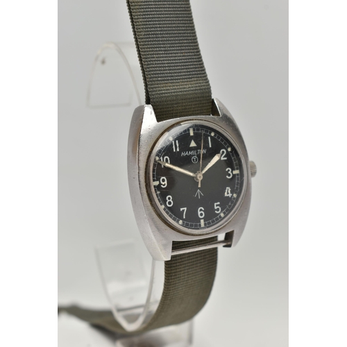 6 - A VINTAGE HAMILTON BRITISH MILITARY ISSUE WRISTWATCH WITH BROAD ARROW SYMBOL, circa 1970's, matt bla... 