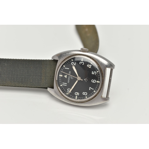 6 - A VINTAGE HAMILTON BRITISH MILITARY ISSUE WRISTWATCH WITH BROAD ARROW SYMBOL, circa 1970's, matt bla... 