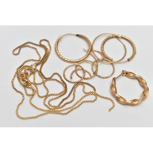 60 - BROKEN/ODD JEWELLERY, to include a 9ct gold broken box link chain with spring clasp, hallmarked 9ct ... 