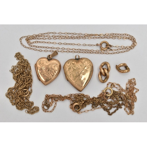 62 - FOUR CHAINS AND TWO HEART LOCKETS, four AF yellow metal chains, approximate gross weight 6.5 grams, ... 