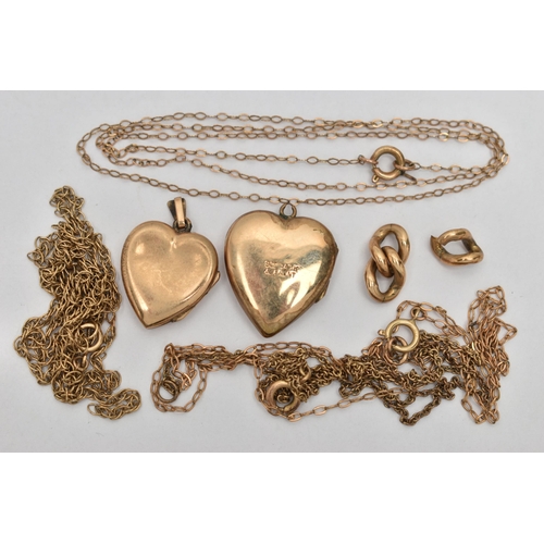 62 - FOUR CHAINS AND TWO HEART LOCKETS, four AF yellow metal chains, approximate gross weight 6.5 grams, ... 