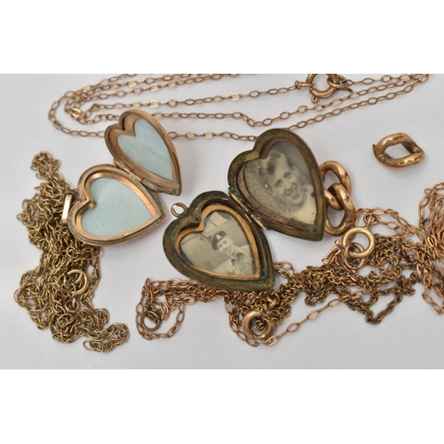 62 - FOUR CHAINS AND TWO HEART LOCKETS, four AF yellow metal chains, approximate gross weight 6.5 grams, ... 