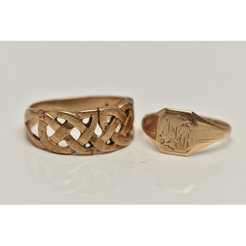 64 - TWO 9CT GOLD RINGS, to include a square signet with engraved initials, textured shoulders leading on... 