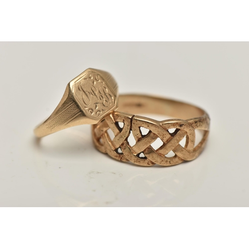 64 - TWO 9CT GOLD RINGS, to include a square signet with engraved initials, textured shoulders leading on... 