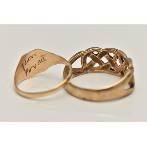 64 - TWO 9CT GOLD RINGS, to include a square signet with engraved initials, textured shoulders leading on... 