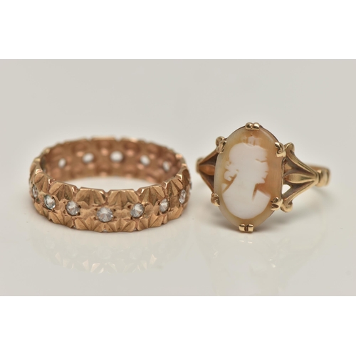 65 - TWO GEM SET RINGS, the first a 9ct gold cameo ring, of an oval form depicting a lady in profile, cla... 