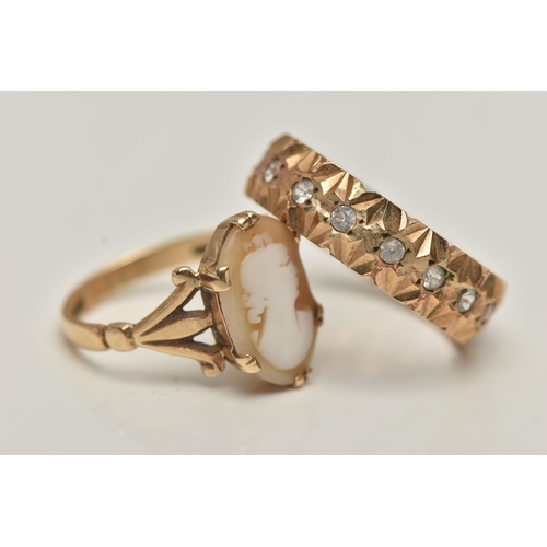 65 - TWO GEM SET RINGS, the first a 9ct gold cameo ring, of an oval form depicting a lady in profile, cla... 