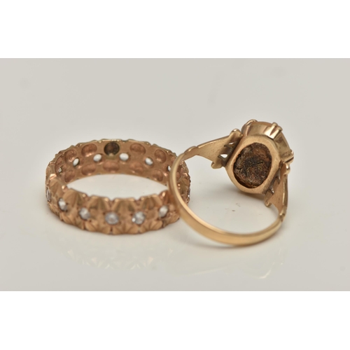 65 - TWO GEM SET RINGS, the first a 9ct gold cameo ring, of an oval form depicting a lady in profile, cla... 