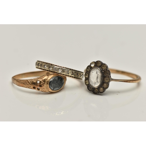 68 - THREE GEM SET RINGS, to include an AF 9ct gold hematite intaglio signet ring, open work detailed sho... 