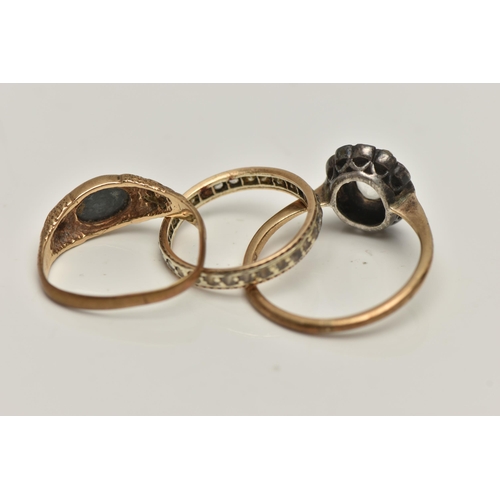 68 - THREE GEM SET RINGS, to include an AF 9ct gold hematite intaglio signet ring, open work detailed sho... 