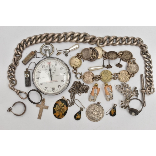 69 - A BAG OF ASSORTED SILVER AND WHITE METAL ITEMS, to include a heavy graduated curb link Albert chain ... 