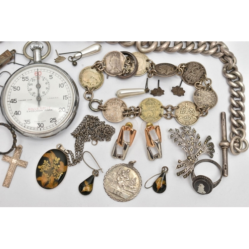 69 - A BAG OF ASSORTED SILVER AND WHITE METAL ITEMS, to include a heavy graduated curb link Albert chain ... 