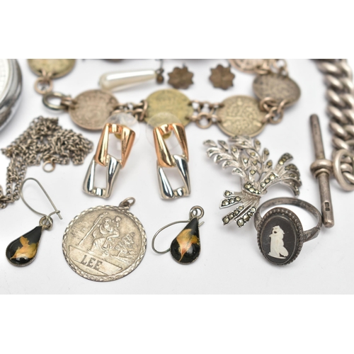 69 - A BAG OF ASSORTED SILVER AND WHITE METAL ITEMS, to include a heavy graduated curb link Albert chain ... 