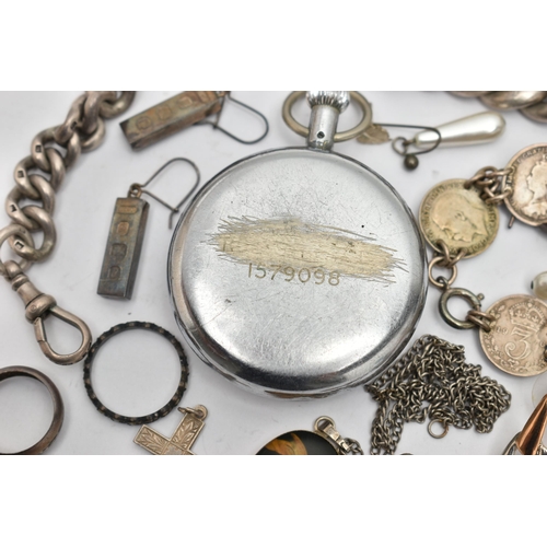 69 - A BAG OF ASSORTED SILVER AND WHITE METAL ITEMS, to include a heavy graduated curb link Albert chain ... 