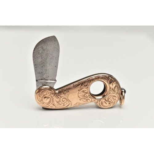 70 - A LATE VICTORIAN 9CT GOLD CIGAR CUTTER, detailed with a floral pattern and vacant cartouche, fitted ... 