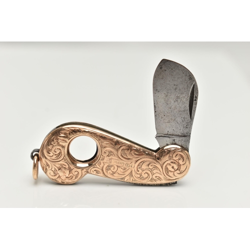 70 - A LATE VICTORIAN 9CT GOLD CIGAR CUTTER, detailed with a floral pattern and vacant cartouche, fitted ... 