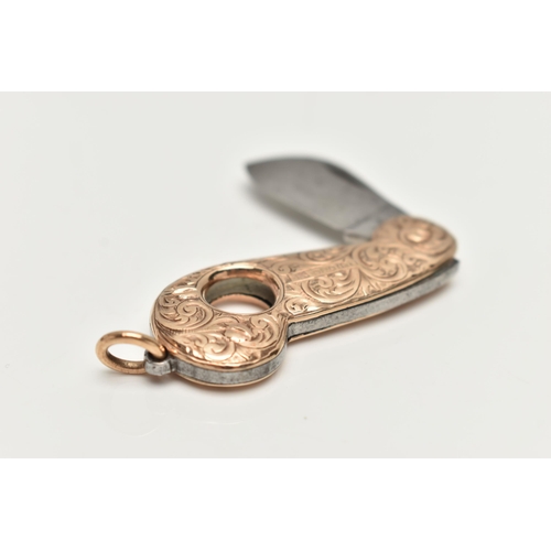 70 - A LATE VICTORIAN 9CT GOLD CIGAR CUTTER, detailed with a floral pattern and vacant cartouche, fitted ... 