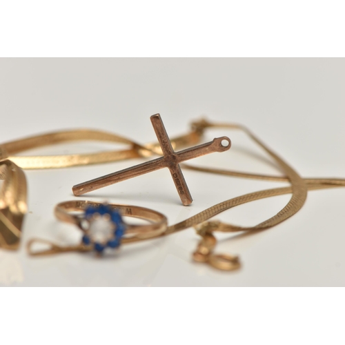 87 - AN ASSORTMENT OF 9CT GOLD JEWELLERY, to include a rose gold cross pendant, two gem set rings and an ... 