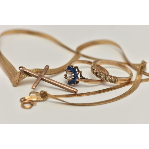 87 - AN ASSORTMENT OF 9CT GOLD JEWELLERY, to include a rose gold cross pendant, two gem set rings and an ... 