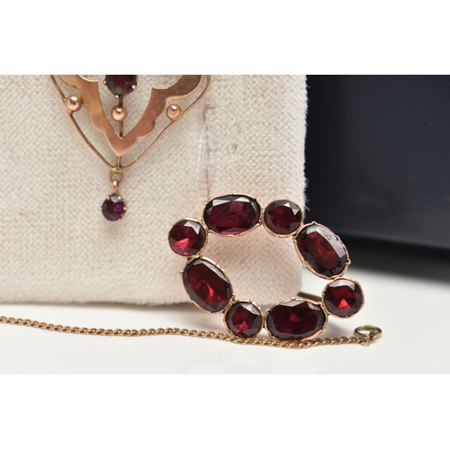 91 - AN EARLY 20TH CENTURY GARNET BROOCH AND LAVALIER PENDANT, four oval cut and four circular cut foiled... 