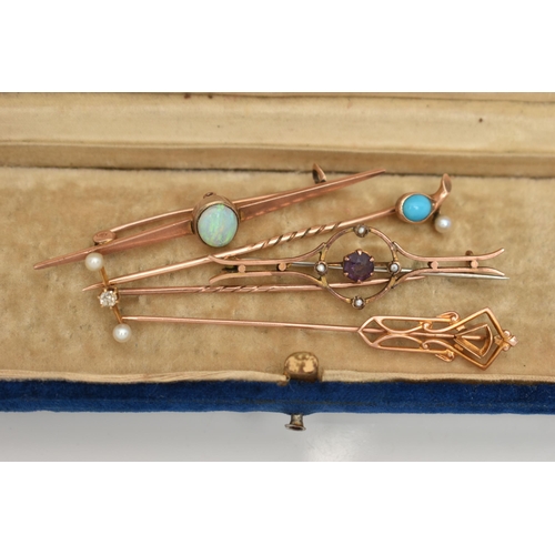 92 - AN ASSORTMENT OF BROOCHES AND STICK PINS, a collection comprising of a diamond and seed pearl stick ... 