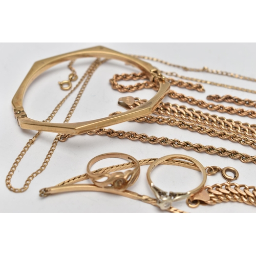 94 - AN ASSORTMENT OF 9CT GOLD JEWELLERY, a selection of AF jewellery items, to include chains, bangles, ... 