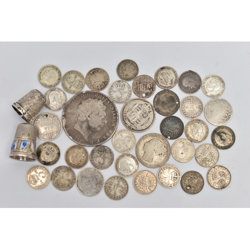 127 - TWO THIMBLES AND COINS, a white metal Delft thimble worn and damaged, a damaged white metal thimble ... 