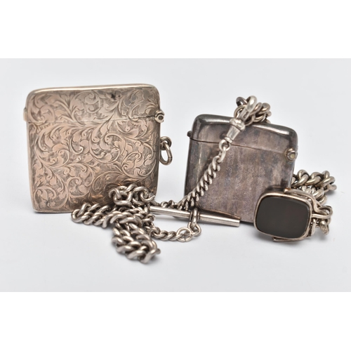 128 - TWO SILVER VESTA CASE AND AN ALBERT CHAIN, the first vesta of a square form, scrolling foliate patte... 