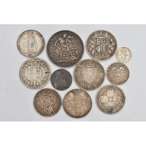 130 - A SMALL BAG OF ASSORTED SILVER COINS, to include  an 1892 crown, Half Crown, One Shilling, Three Pen... 