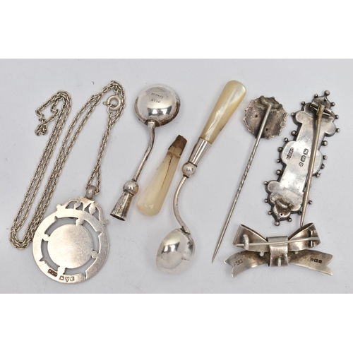 131 - TWO SILVER BROOCHES, FOB MEDAL WITH CHAIN AND OTHER ITEMS, to include a bow brooch hallmarked Birmin... 