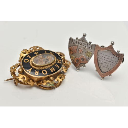 132 - A VICTORIAN MOURNING BROOCH AND A SWEET HEART BROOCH, the yellow metal and black enamel mourning bro... 