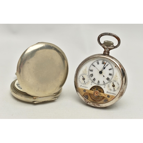 133 - TWO POCKET WATCHES, the first a manual wind, open face watch, skeleton white dial, Roman numeral dia... 