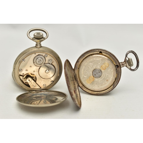 133 - TWO POCKET WATCHES, the first a manual wind, open face watch, skeleton white dial, Roman numeral dia... 