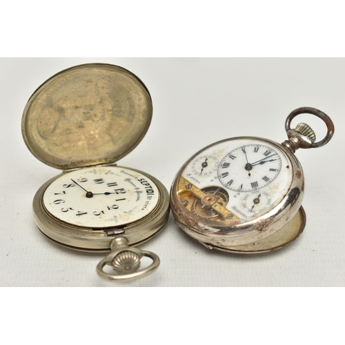 133 - TWO POCKET WATCHES, the first a manual wind, open face watch, skeleton white dial, Roman numeral dia... 