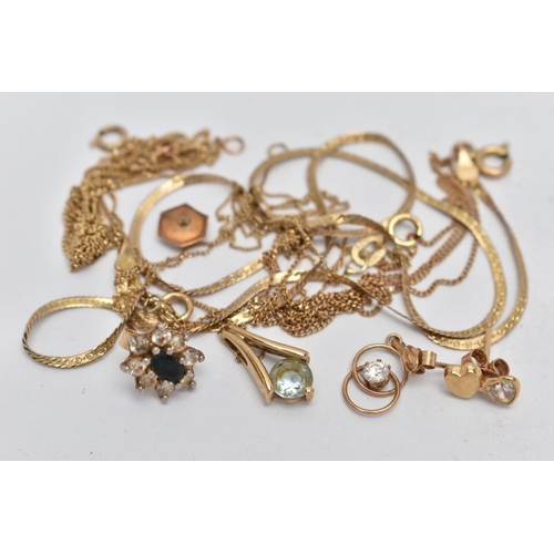 139 - AN ASSORTMENT OF 9CT GOLD AND YELLOW METAL JEWELLERY, to include an AF fine chain, hallmarked 9ct Bi... 