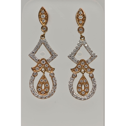 148 - A PAIR OF 9CT GOLD DROP EARRINGS, yellow and white gold open work earrings, set with circular cut cu... 