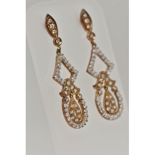 148 - A PAIR OF 9CT GOLD DROP EARRINGS, yellow and white gold open work earrings, set with circular cut cu... 