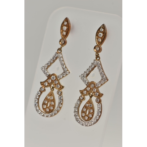 148 - A PAIR OF 9CT GOLD DROP EARRINGS, yellow and white gold open work earrings, set with circular cut cu... 