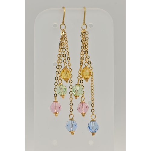 149 - A PAIR OF 9CT GOLD DROP EARRINGS, four trace chains at different lengths each fitted with a coloured... 