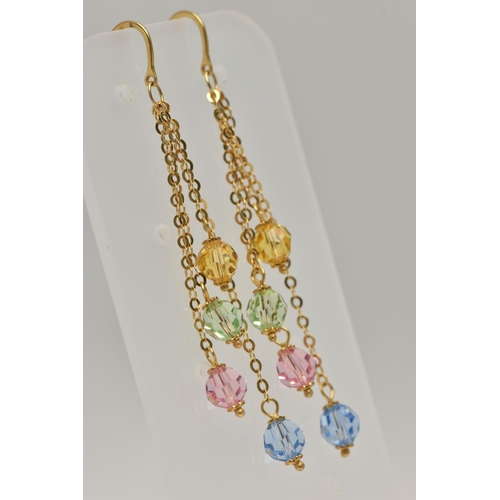 149 - A PAIR OF 9CT GOLD DROP EARRINGS, four trace chains at different lengths each fitted with a coloured... 