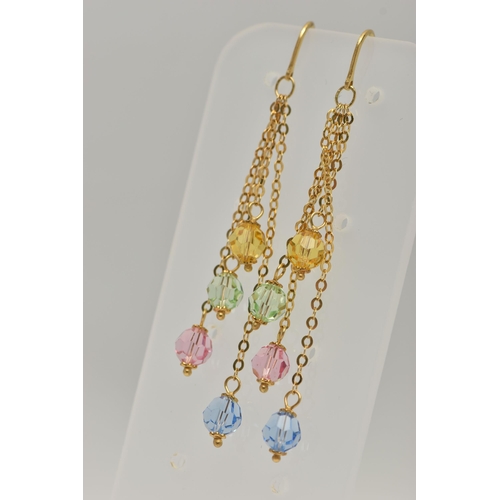 149 - A PAIR OF 9CT GOLD DROP EARRINGS, four trace chains at different lengths each fitted with a coloured... 