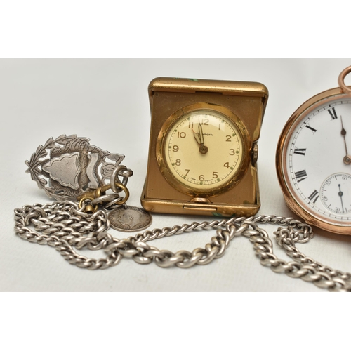 150 - FOUR ITEMS, to include an open face pocket watch, the white face with black Roman numerals and subsi... 