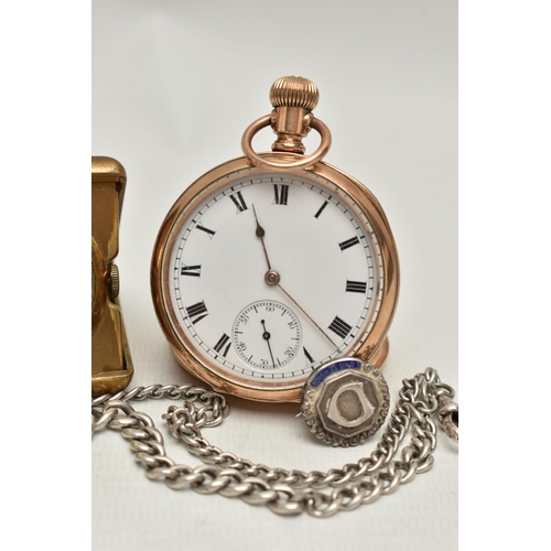 150 - FOUR ITEMS, to include an open face pocket watch, the white face with black Roman numerals and subsi... 