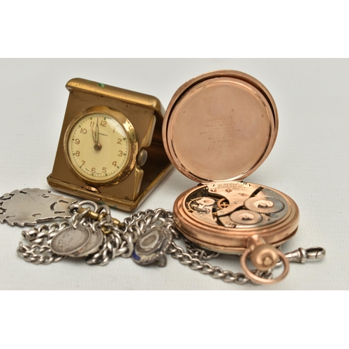 150 - FOUR ITEMS, to include an open face pocket watch, the white face with black Roman numerals and subsi... 