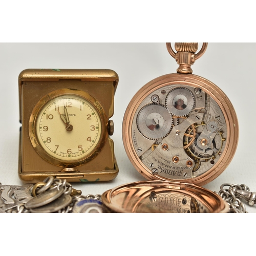 150 - FOUR ITEMS, to include an open face pocket watch, the white face with black Roman numerals and subsi... 